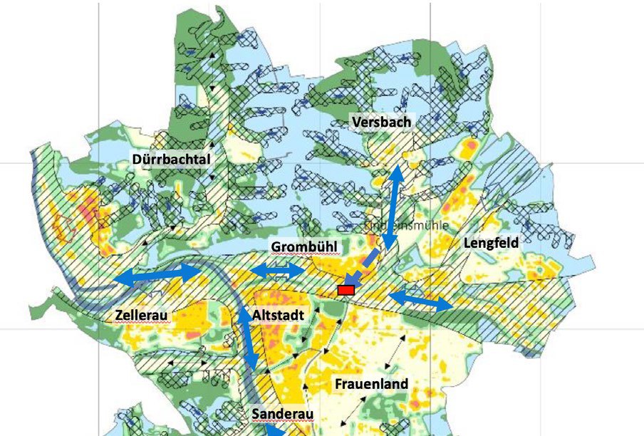 Klimakarte Würzburgs mit Luftleitbahnen und dem Standort der geplanten Arena