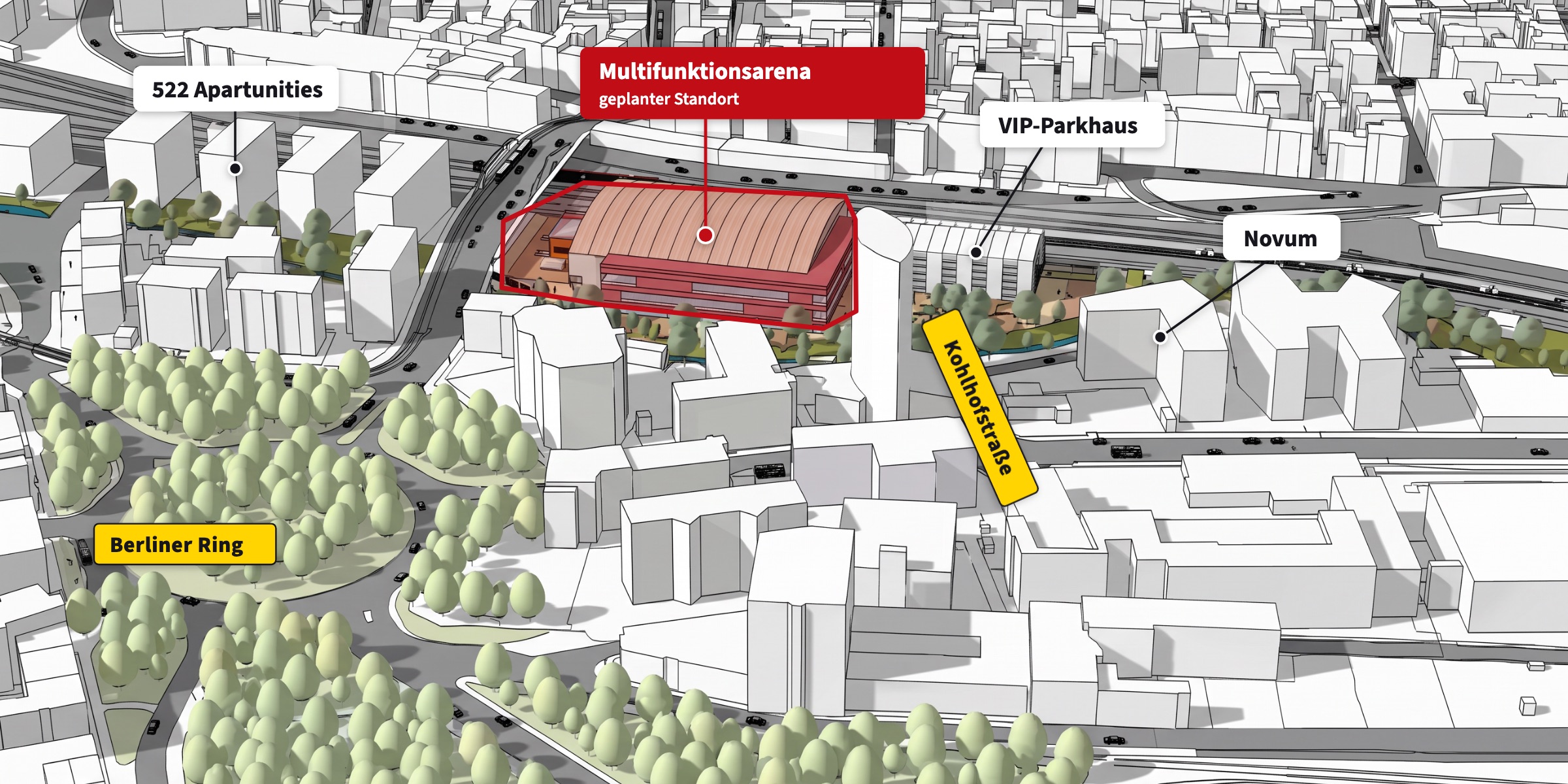 Visualisierung des geplanten Arena-Standorts zwischen Berliner Ring, Kohlhofstraße und Novum