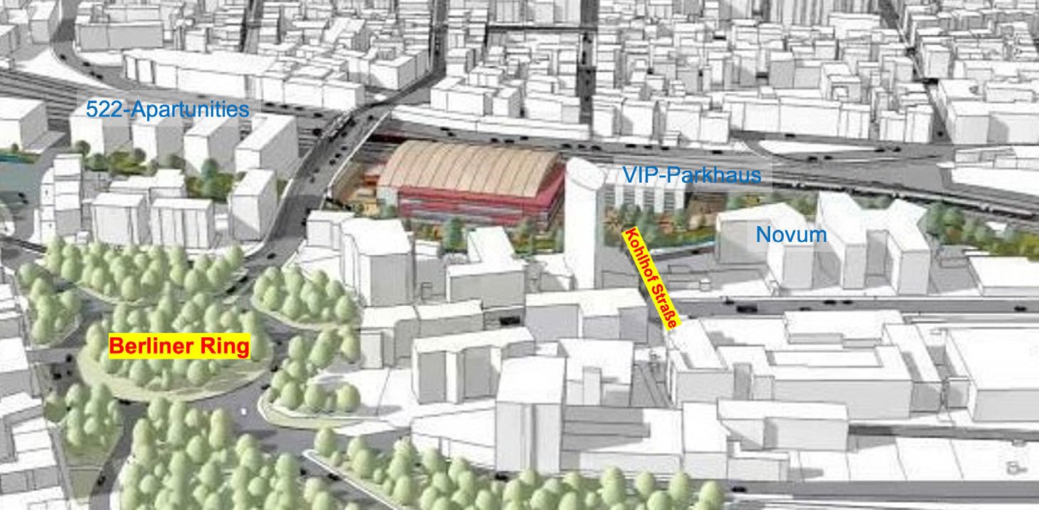 Visualisierung des geplanten Arena-Standorts zwischen Berliner Ring, Kohlhofstraße und Novum
