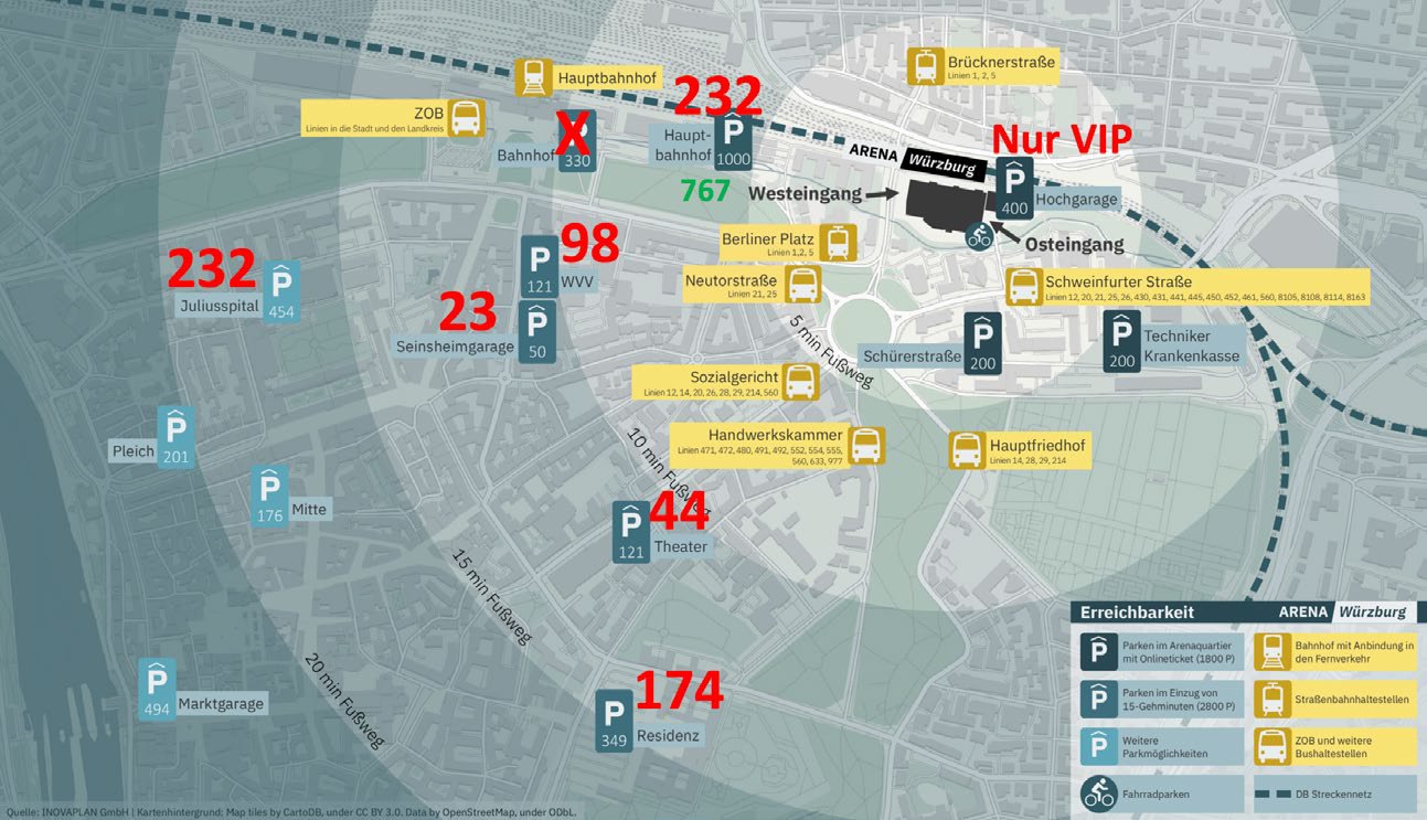 Karte der Parkhäuser und Haltestellen im Umkreis der geplanten Arena mit tatsächlich freien Plätzen
